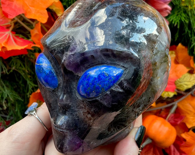 Amethyst Alien Crystal Skull ~ 2 Lb. 5 oz. ~ 4" Tall ~ Blue Lapis Eyes ~ Sparkling Purple Black & Beige Colors ~ Ships from USA, Tariff Free