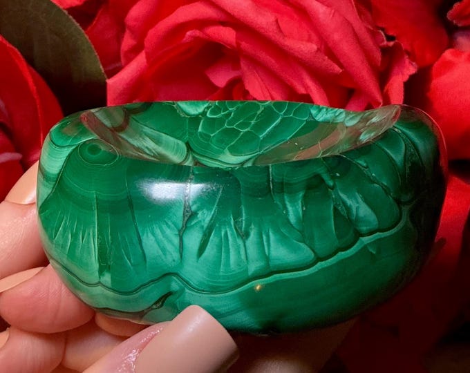 Malachite Bowl ~ Vintage Hand Carved ~ 14 oz. Green Crystal Jewelry Dish ~ 3 1/2" Long