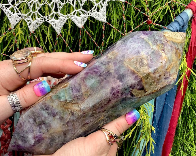 Rainbow Fluorite Double Terminated Wand ~ 3 Lb. 10 oz. ~ 9" Long ~ Sparkling Green Purple, Blue Swirling Colors ~ Reiki Altar Display
