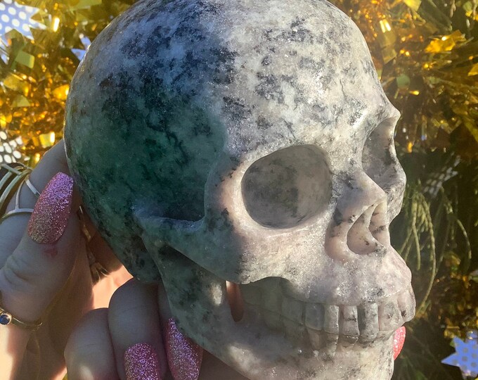 Hand Carved Lepidolite Crystal Skull: Large Sparkling Mica Gemstone Sculpture