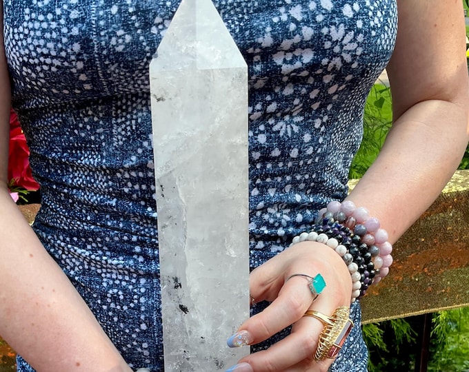Clear Quartz Crystal Generator: Black Tourmaline Inclusions, 16" Tall