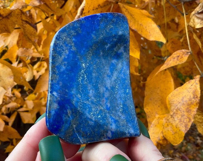 Lapis Lazuli Freeform Crystal ~ Large 10 oz. ~ 3 1/2" Long ~ Sparkling Deep Blue Color Stone ~ Reiki, Altar Display ~ Polished to Perfection