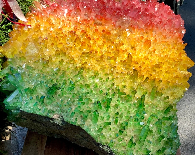 Massive 96 lb. Rainbow Aura Quartz Crystal Cluster ~ 25" Long ~ Sparkling Pink, Green, Yellow Colors, Magnificent Centerpiece, Free Shipping