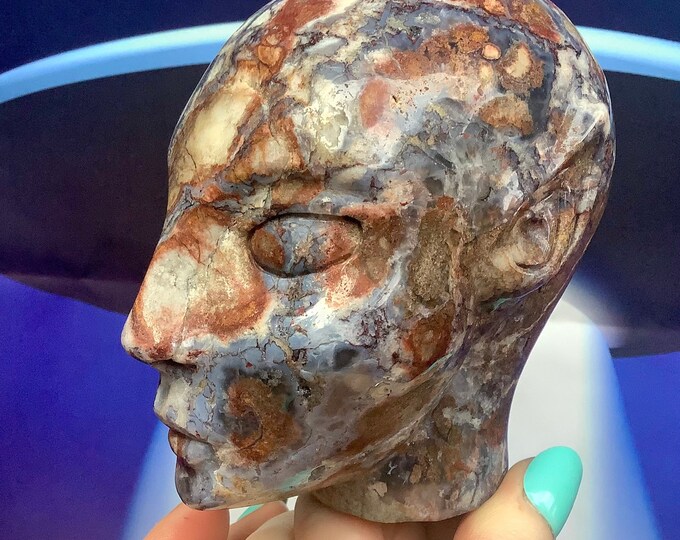 Blue Agate Crystal Elf Skull ~ 2 Lb. ~ 4" Tall ~ Colorful Sparkling Red White & Grey Colors ~ One-of-a-Kind Expertly Hand Carved Sculpture