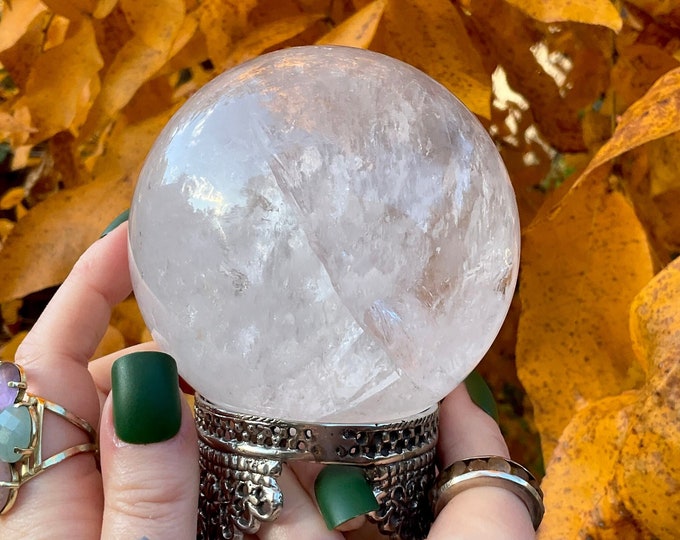 Clear Quartz Crystal Ball ~  2 Lb. 3 oz. ~ 3 1/2" Wide ~ w/ Ornate Brass Stand ~~ Polished Sphere ~ Reiki, Altar, Meditation ~ Fast Shipping