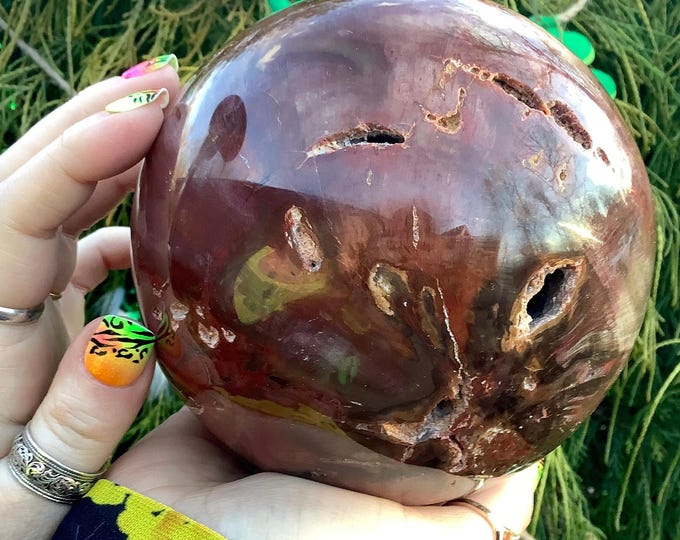 Large Petrified Wood Crystal Ball: Brown & Red Mineral Sphere, 5" Wide