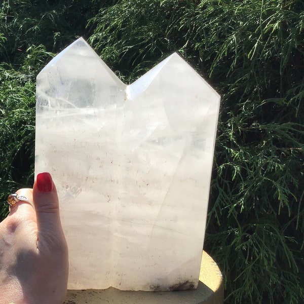 Twin Flame Large 6 Lb. Clear Quartz Generator ~ 8" Tall ~ Beautiful Free Standing Double Point Crystal Tower ~ Devic Temple Ghost Phantoms