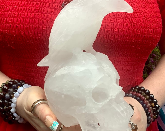Clear Quartz Crystal Raven Skull ~ Large 3 Lb. 9 oz. ~ 7" Tall ~ Hand Carved ~ Translucent One-of-a-Kind Carving