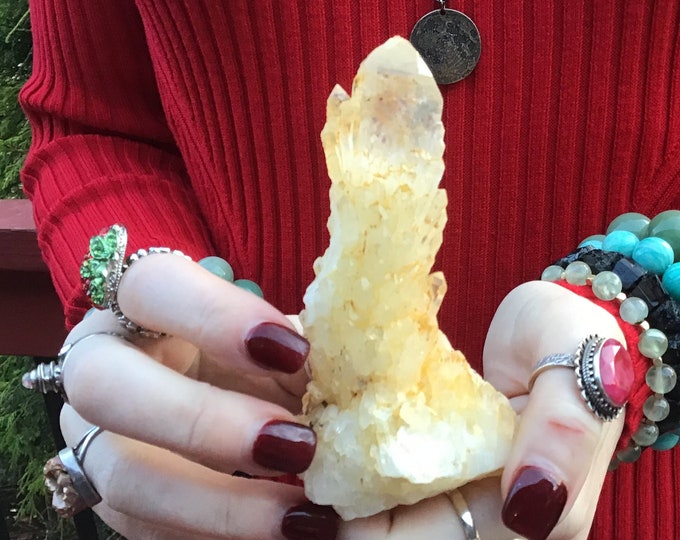 Tibetan Golden Healer Quartz Elestial Crystal Cluster ~ Large 6 oz.~ 4" Long ~ Natural Home Decor ~ Sparkling Gold Cascading Crystal Points
