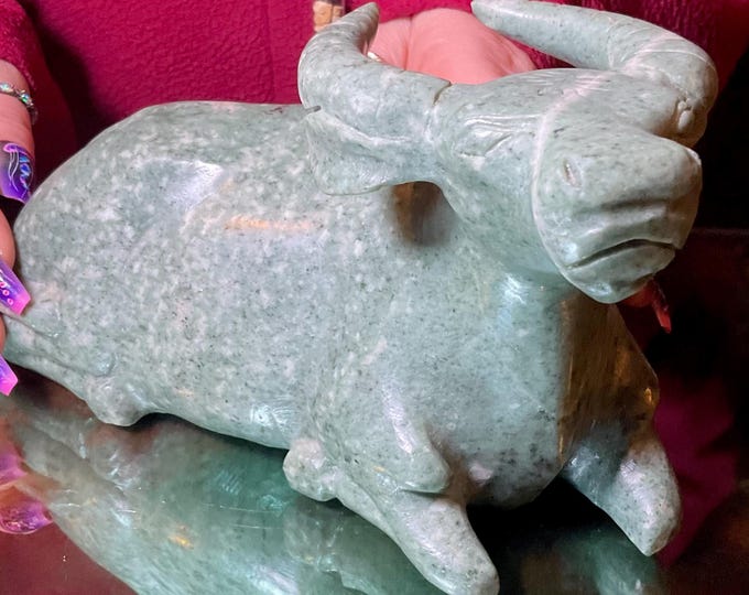 Serpentine Water Buffalo ~ 4 Lb. 4 oz. ~ 7" Long ~ Vintage Hand Carved Zimbabwean Sculpture ~ Swirling Natural Earth Colors ~ Shona Stone