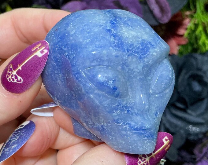 Dumortierite Quartz Alien Skull Crystal~ 5 oz. ~ 1 1/2" Long ~ One-of-a-Kind Color ~ Hand Carved Sculpture High-Quality Display