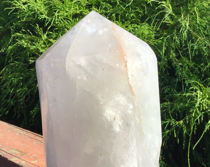 Clear Quartz Crystal Generator ~ Large 7 Lb. ~ 7" Tall Tower ~ Golden Healer Silver Inclusions Free Standing ~ White Phantoms ~