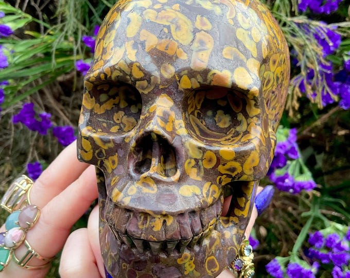 Fossilized Jasper Crystal Skull ~ Large 2 Lb. 15 oz ~ 5" Long ~ Hand Carved Sculpture~ Swirling Golden Red Brown & Black Colors