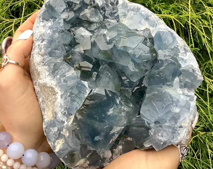 Blue Celestite Crystal Cluster ~ Large 9 Lb. 2 oz. ~ 7" Long ~ Stunning Home Decor - Sparkling Blue Crystals on Matrix ~ Fast Shipping, USA