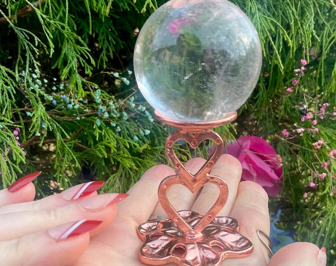 Clear Quartz Crystal Ball ~ 4 oz. Sphere ~ 1 1/2" Wide ~ Sparkling Rainbow Inclusions w/ Copper Heart Display Stand ~ Fast & Free Shipping