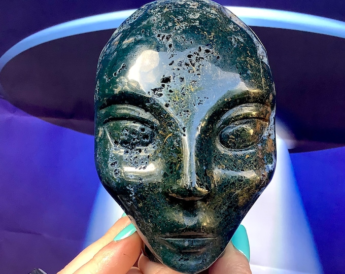 Green Ocean Jasper Elf Crystal Skull ~ 1 Lb. 9 oz. ~ 4" Tall ~ Sparkling Green & Gold Colors ~ One-of-a-Kind Expertly Hand Carved Sculpture