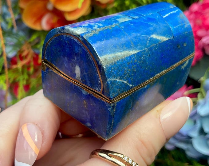 Lapis Lazuli Jewelry Dome Box with Lid ~ 2 1/4" Long ~ Handmade from Afghanistan ~ Vintage Antique Display Box ~ Swirling Blue with Pyrite