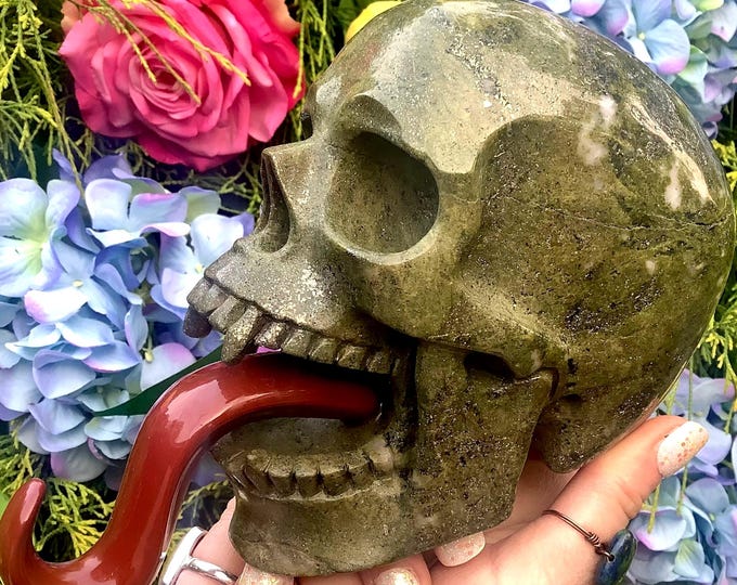 Epidote Vampire Crystal Skull ~ Large 5 Lb. 9 oz. ~ 7" Long ~ Hand Carved Sculpture ~ Sparkling Green with Pyrite ~ Red Jasper Tongue ~ RARE