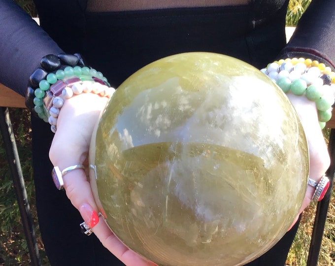 Citrine Crystal Ball ~ Large 12 Lb 9 oz. ~ 7" Wide ~ Golden Yellow Banded Quartz Sphere ~ Swirling White Lines ~ Sparkling Gold Inclusions