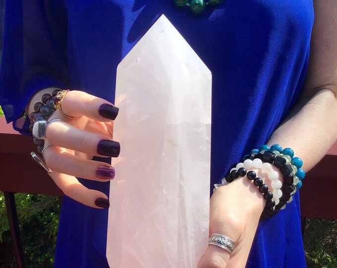 Rose Quartz Crystal Generator ~ Large 3 lb. 13 oz. ~ 7" Tall Tower ~ Swirling Pastel Pink & White Colors ~ Fast Shipping