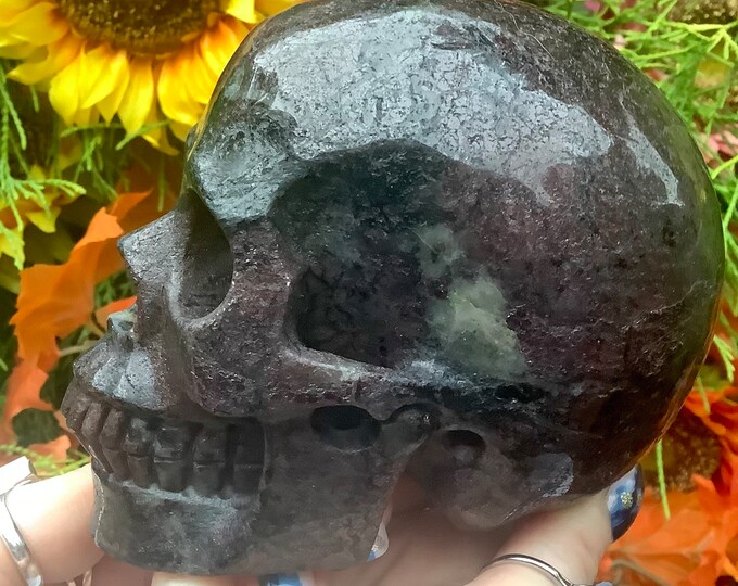 Black Tourmaline & Red Garnet Crystal Skull ~ Large 3 Lb. 10 oz. ~ 5" Long ~ Swirling Colorful Quartz Inclusions ~ Expertly Hand Carved