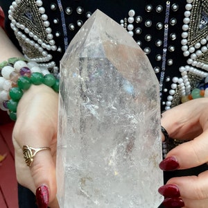 Large Brazilian Clear Quartz Crystal Generator Tower: Silver Inclusions, Rainbows