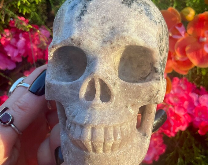 Lepidolite Crystal Skull ~ Large 2 Lb. 15 oz. ~ 5" Long ~ Expertly Hand Carved ~ Purple, White & Sparkling Silver Mica ~ Fast Shipping U.S.A