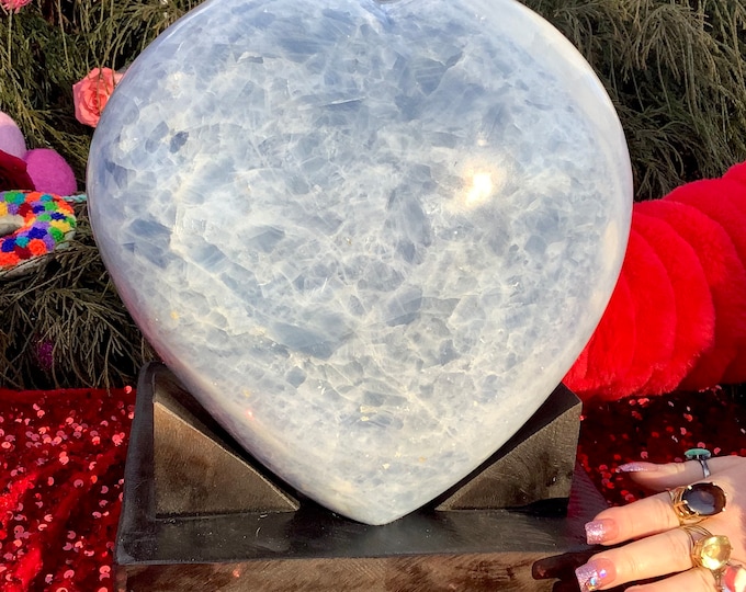 Blue Celestite Crystal Heart ~ Large 28 Lb ~ 10" Wide ~ w/ Handmade Custom Wooden Display Stand ~ Angelic Blue Colors ~ Fast & Free Shipping