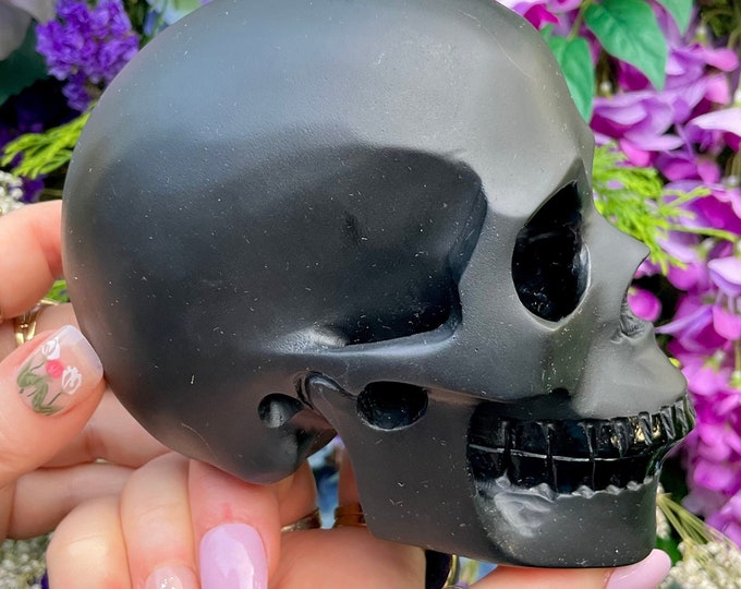 Matte Black Obsidian Crystal Skull ~ Large 2 Lb. 8 oz.~ 5" Long ~ High Quality ~ Expertly Hand Carved ~  Black Sculpture ~