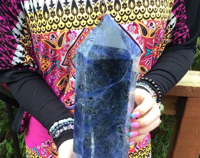 Sodalite Crystal Generator ~ Large 7 Lb. ~ 13" Tall Tower ~ Flashing Sparkling White and Blue Colors ~ Polished Pillar ~ Free Standing