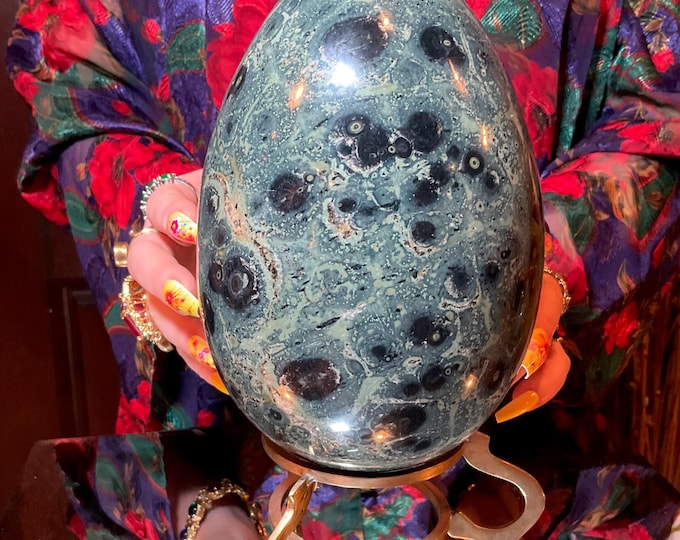 Kambaba Jasper Crystal Egg Large 8 lb. W/ Stand ~ 7" Tall ~ Sparkling Green & Black Colors Swirling Inclusions ~ Fast Free Shipping