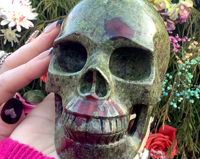 Bloodstone Crystal Skull ~ 3 Lb. 6 oz. ~ 5" Long ~ Stunning Red and Green Crystal Carving ~ Fast & Free Shipping, USA + Global Shipping ~