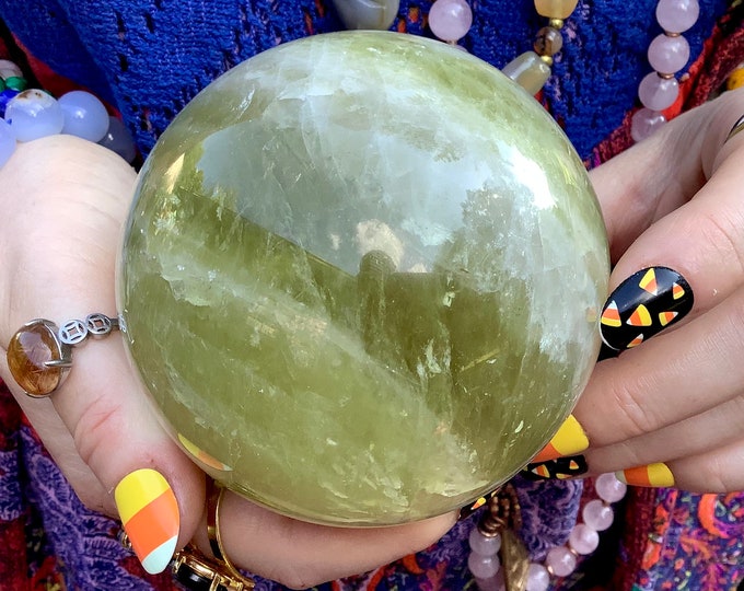 Citrine Crystal Ball ~ Large 2 Lb. ~ 3 1/2" Wide ~ Natural Golden Yellow Color ~ Banded White Quartz Lines ~ Sparkling Silver Inclusions ~