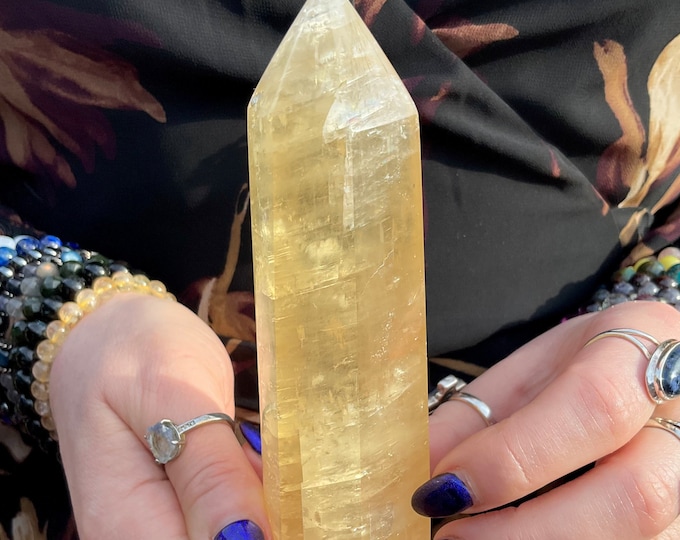 Yellow Calcite Crystal Generator: Golden Honey Tower, Silver Inclusions