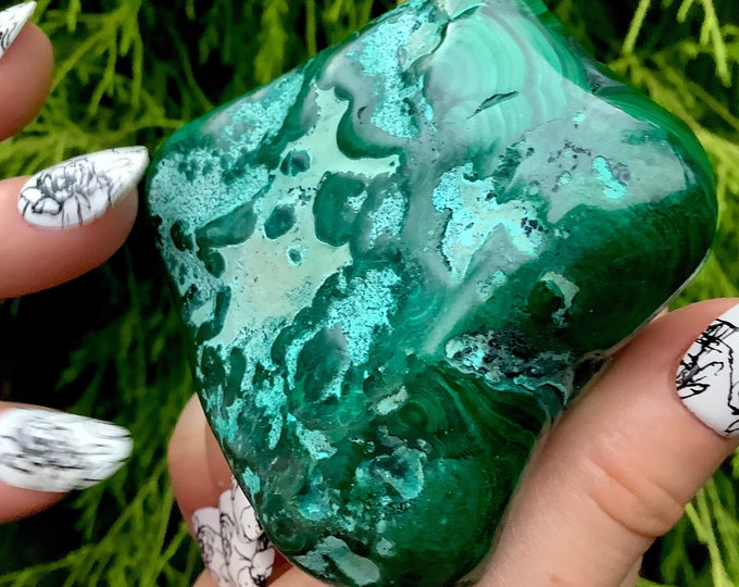 Malachite Freeform Crystal ~ Large 10.8 oz. ~ 2 1/2" Long - Beautiful Polished Green Mineral Specimen ~ Swirling Bullseye Patterns, Congo ~