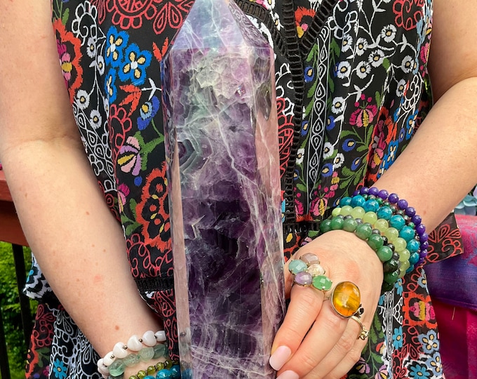 Purple Fluorite Crystal Generator ~ Large 9 lb. ~ 15" Tall Tower ~ 3" Wide ~ Vibrant Rainbow Vivid Colors ~ Fast & Free Shipping, U.S.A. ~