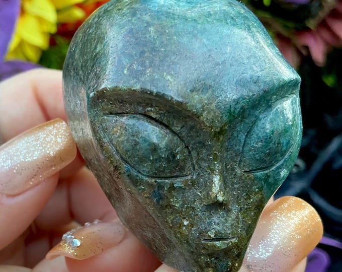 Kyanite with Garnet Alien Crystal Mini Skull ~ 7 oz. ~ 2" Long ~ Sparkling Green Gold & Blue Gemstone ~ Hand-Carved Sculpture Fast Shipping