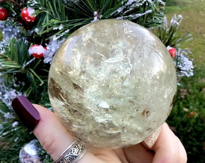 Citrine Quartz Crystal Ball: Rainbow Inclusions, Altar Decor (2.5" Wide)
