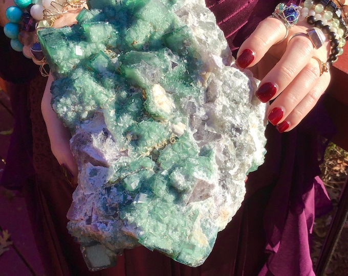 Green Fluorite Crystal Cluster ~ Large 6 Lb ~ 8" Long ~ Deep Green White Feldspar Ultra Sparkly ~ Big Amazing Altar Display ~ Museum Quality