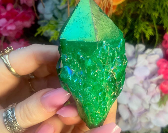 Green Aura Elestial Quartz Crystal Cluster ~ Large 6 oz. ~ 4 1/2" Long ~ Rainbow Iridescent Electric Emerald Green Points ~ Fast Shipping
