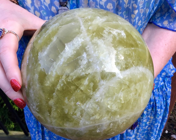 Citrine Crystal Ball ~ 10 Lb. 12 oz. ~ 6 " Wide ~ Beautiful Banded Golden Polished Quartz Sphere Display~ Glowing Gold Color ~ White Stripes