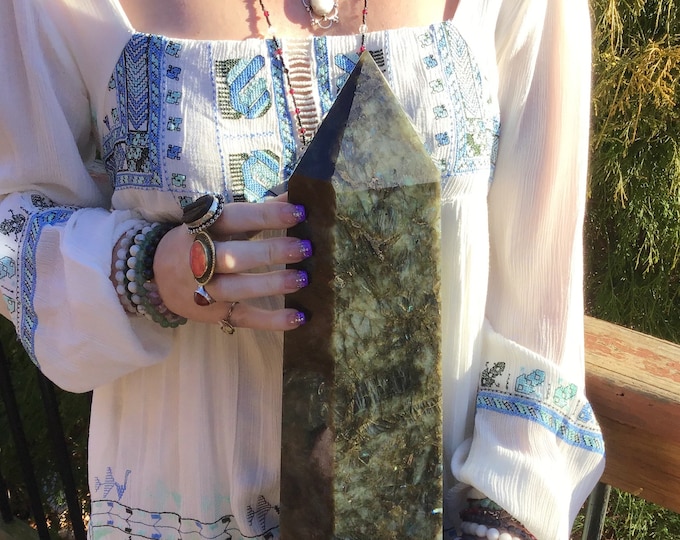 Labradorite Crystal Generator ~ Large 25 Lb. ~ 17" Tall Tower ~ Free Standing Polished Pillar ~ Colorful Flashy, Blue, Gold, Green Colors
