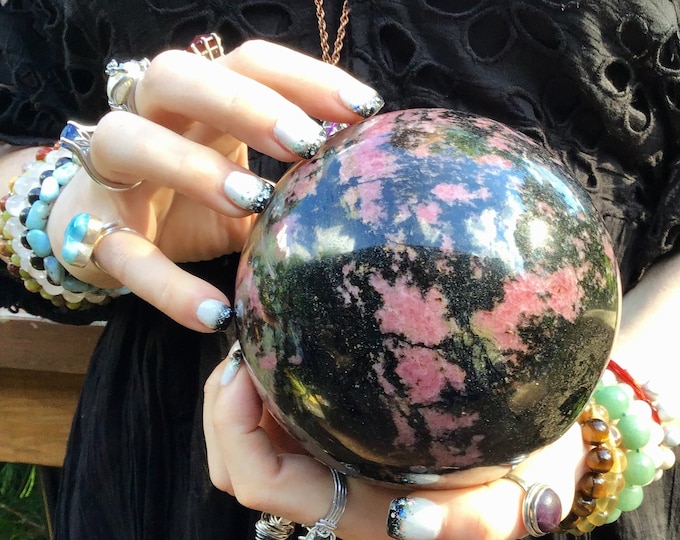 Rhodonite Crystal Ball ~ Large 5 Lb. 15 oz. ~ 5" Wide ~ Pink, Black & White Polished Sphere ~ Reiki, Altar Display ~ Fast Free Shipping USA