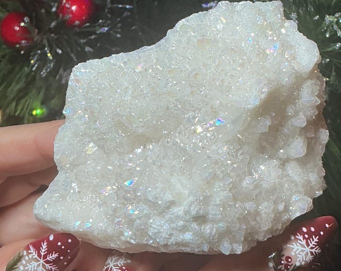 White Aura Quartz Crystal Cluster: 11 oz, 3" Long Pearlescent Iridescent Display