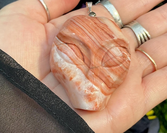 Banded Jasper Gemstone Alien Skull Pendant 1.9 oz. Crystal ~ 2" Long ~ One-of-a-Kind Peach Color ~ Hand Carved Sculpture ~ Fast Shipping