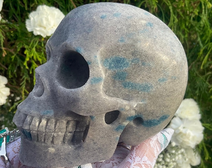 K2 Azurite and Granite Crystal Skull ~ Large 2 Lb. 10 oz. ~ 5" Long ~ Hand Crafted Sparkling Blue Gray & White Sculpture ~ Fast Shipping