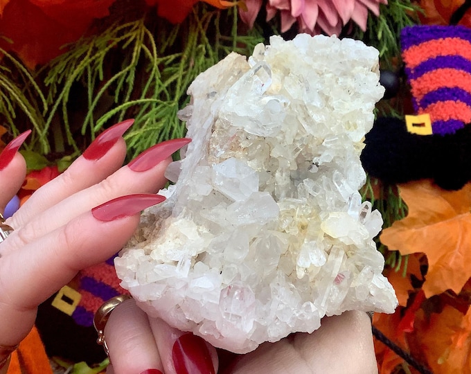 Clear Crystal Quartz Cluster ~ Large 11 oz. ~ 5" Long ~ Sparkling Golden Healer Points ~ Reiki Meditation Display ~ Fast & Free Shipping