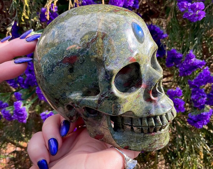 Bloodstone Crystal Skull ~ Large 3 Lb. 9 oz ~ 5" Long ~ With Labradorite 3rd Eye ~ Fiery Red and Green ~ One-of-a-Kind Hand Carved Sculpture