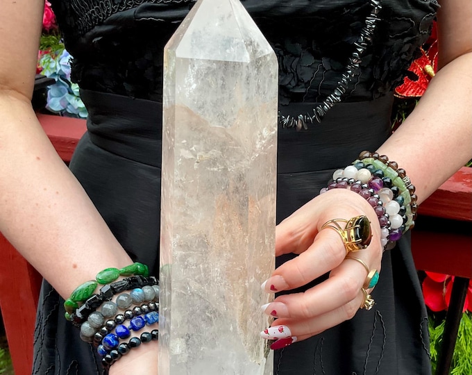 Clear Quartz Crystal Generator ~ Large 6 lb. 15 oz. ~ 14" Tall ~ Stunning Black Sand Phantoms ~ Red Inclusions ~ Fast & Free Shipping, USA ~