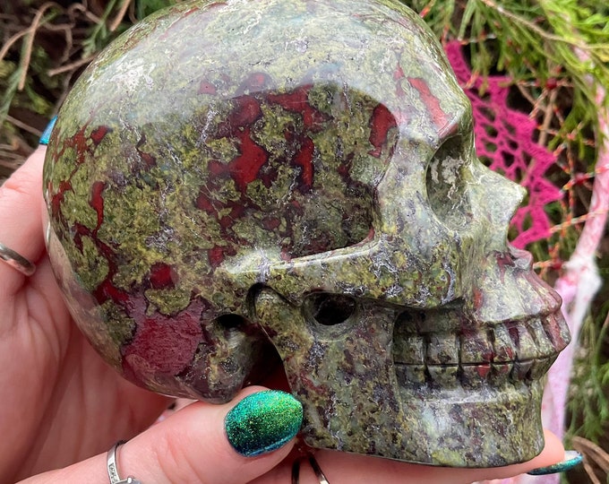 Bloodstone Crystal Skull ~ Large 3 Lb 5 oz ~ 5" Long ~ Fiery Red and Green ~ One-of-a-Kind ~ Expertly Hand Carved Sculpture ~ Fast Shipping